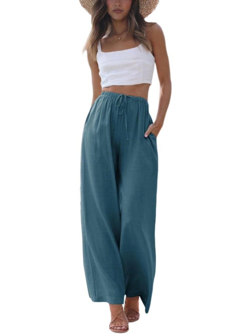 Women's Blue High Rise Flowy Wide Beach Trousers with Pockets Palazzo Pants
